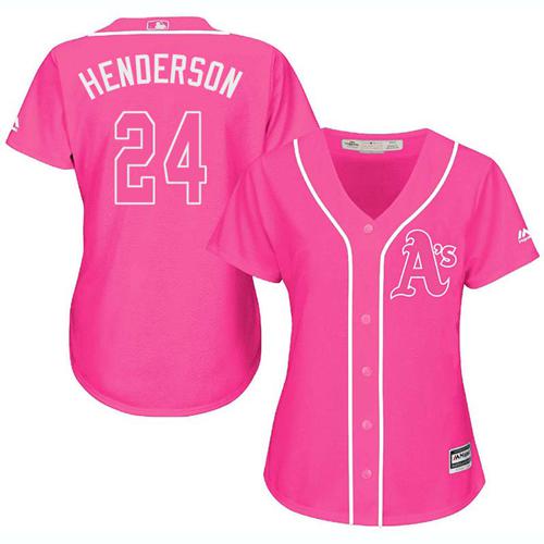 Athletics #24 Rickey Henderson Pink Fashion Women's Stitched MLB Jersey